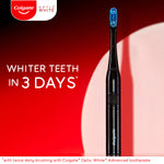A Colgate Optic White Pro Series Battery Toothbrush. In text: Whiter teeth in 3 Days. *with twice daily brushing with Colgate Optic White Advanced toothpaste.