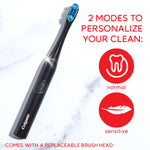A Colgate Optic White Pro Series Battery Toothbrush. In text: 2 modes to personalize your clean: normal, sensitive. Comes with a replaceable brush head.