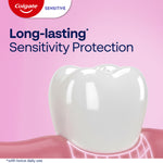 A close-up illustration of a tooth on the gum line. In text: Long-lasting* sensitivity protection. *With twice daily use.