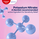 A 3D potassium nitrate molecule on a pink background. In text: Potassium nitrate: a dentist recommended active ingredient for Sensitivity Relief.