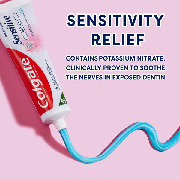 Colgate Sensitive Maximum Strength Whitening Toothpaste being squeezed out of a tube. In text: Sensitivity relief contains potassium nitrate, clinically proven to soothe the nerves in exposed dentin.