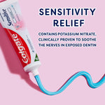 Colgate Sensitive Maximum Strength Whitening Toothpaste being squeezed out of a tube. In text: Sensitivity relief contains potassium nitrate, clinically proven to soothe the nerves in exposed dentin.