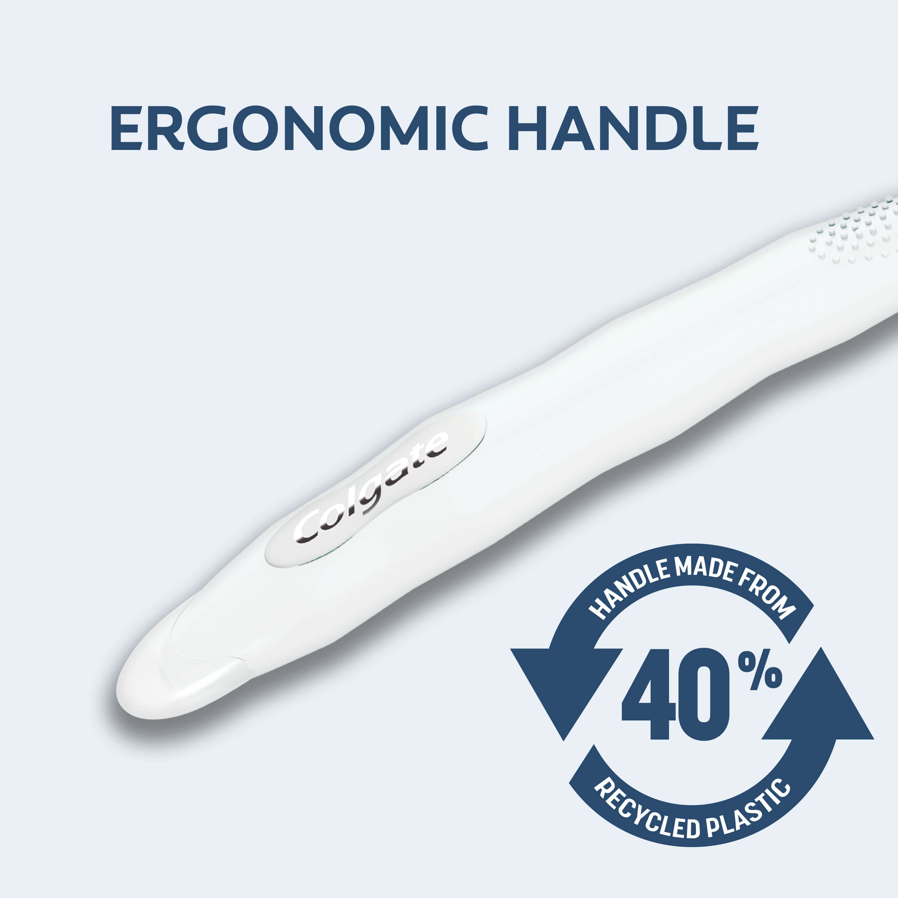 The handle of a Colgate Sensitive Expert Ultra Soft Toothbrush. In text: Ergonomic handle. Handle made from 40% recycled plastic.
