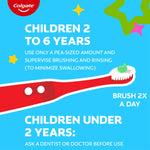 Colgate toothbrush and toothpaste illustration with usage instructions for children on a blue background. In text: Children 2 to 6 years use only a pea-sized amount and supervise brushing and rinsing (to minimize swallowing). Brush 2x a day. Children under 2 years: ask a dentist or doctor before use.