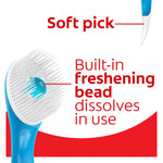 Colgate Max Fresh Wisp Disposable Mini Travel Toothbrush. In text: Soft pick. Built-in freshening bead dissolves in use.