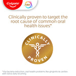 In text: Clinically proven to target the root cause of common oral health issues*. *Via bacterial reduction, oral health problems like gingivitis & cavities with twice daily brushing.