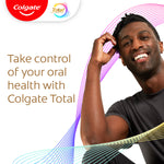 A man with white teeth smiling. In text: Take control of your oral health with Colgate Total.