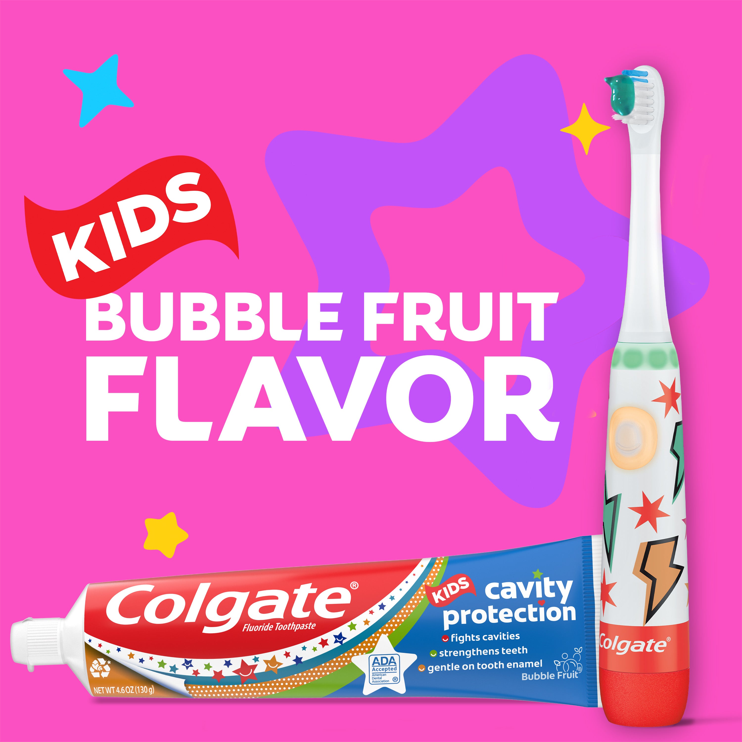 Colgate Kids Cavity Protection Toothpaste and Colgate Kids Advanced Cavity Fighter Battery Toothbrush on a pink background with stars. In text: Kids bubble fruit flavor.