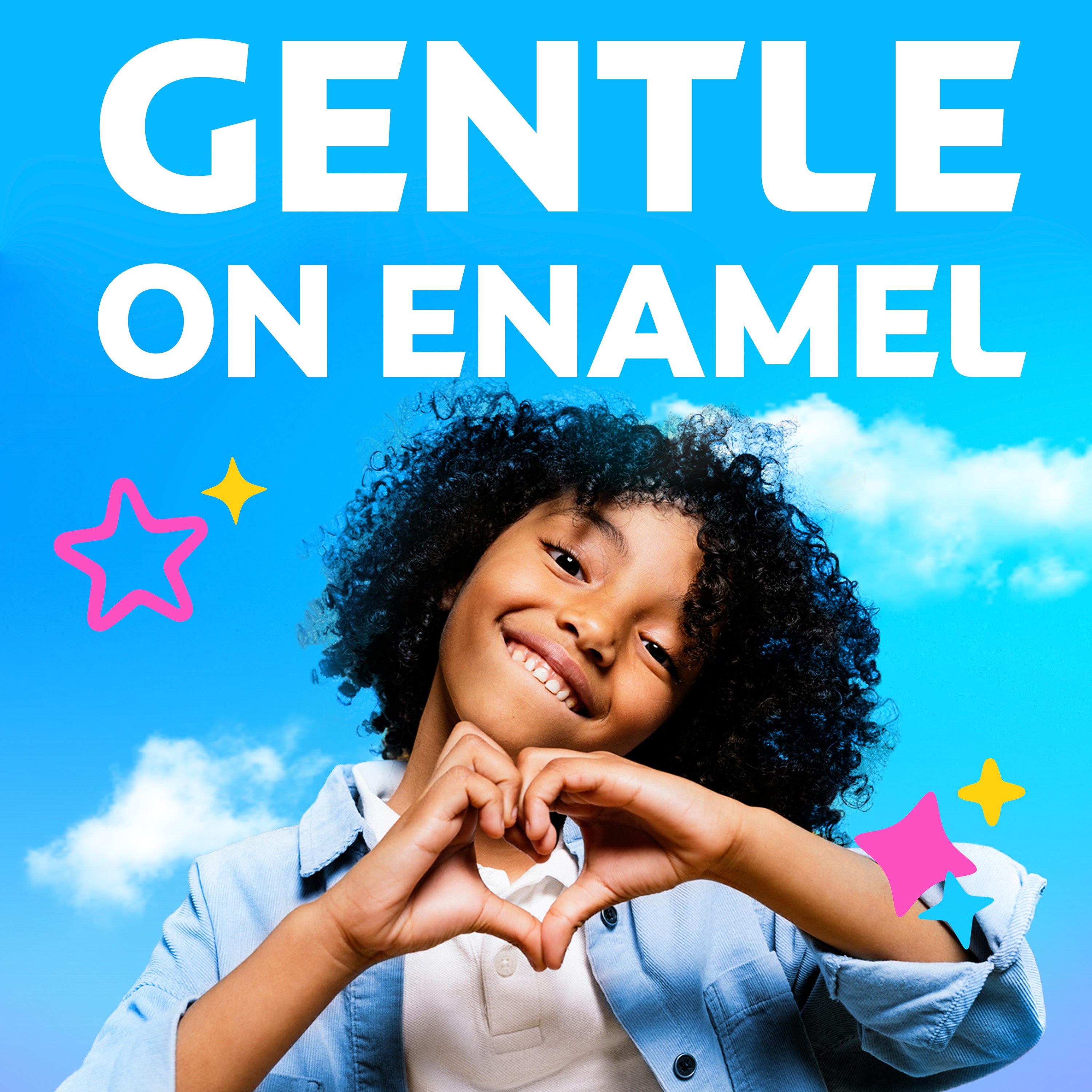 Child making a heart shape with hands against a blue sky background with stars, featuring the text 'Gentle on Enamel'.