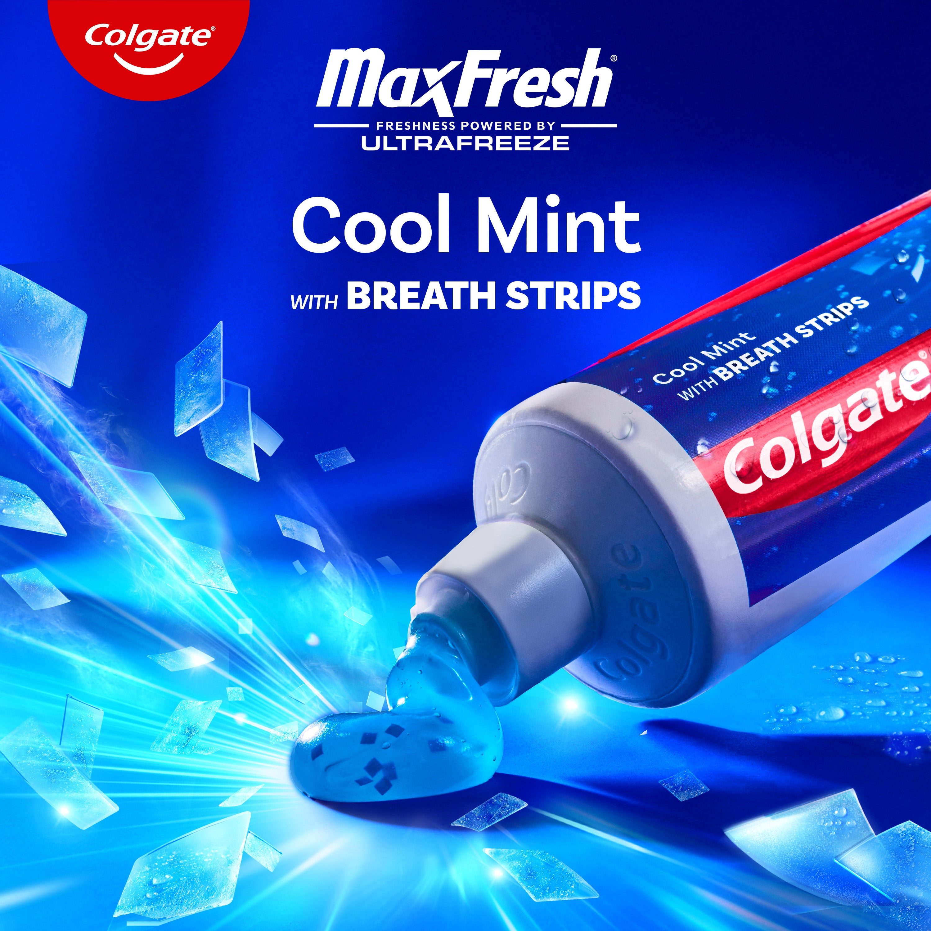 Colgate Max Fresh Toothpaste with Mini Breath Strips being squeezed out of a tube. In text: Colgate Max Fresh. Freshness powered by Ultrafreeze. Cool mint with breath strips.