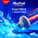 Colgate Max Fresh Toothpaste with Mini Breath Strips being squeezed out of a tube. In text: Colgate Max Fresh. Freshness powered by Ultrafreeze. Cool mint with breath strips.