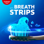 Colgate Max Fresh Toothpaste on a toothbrush. In text: With breath strips.