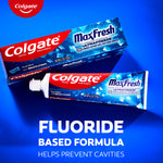 Colgate Max Fresh Toothpaste with Mini Breath Strips, 2 pack. In text: Fluoride based formula helps prevent cavities.