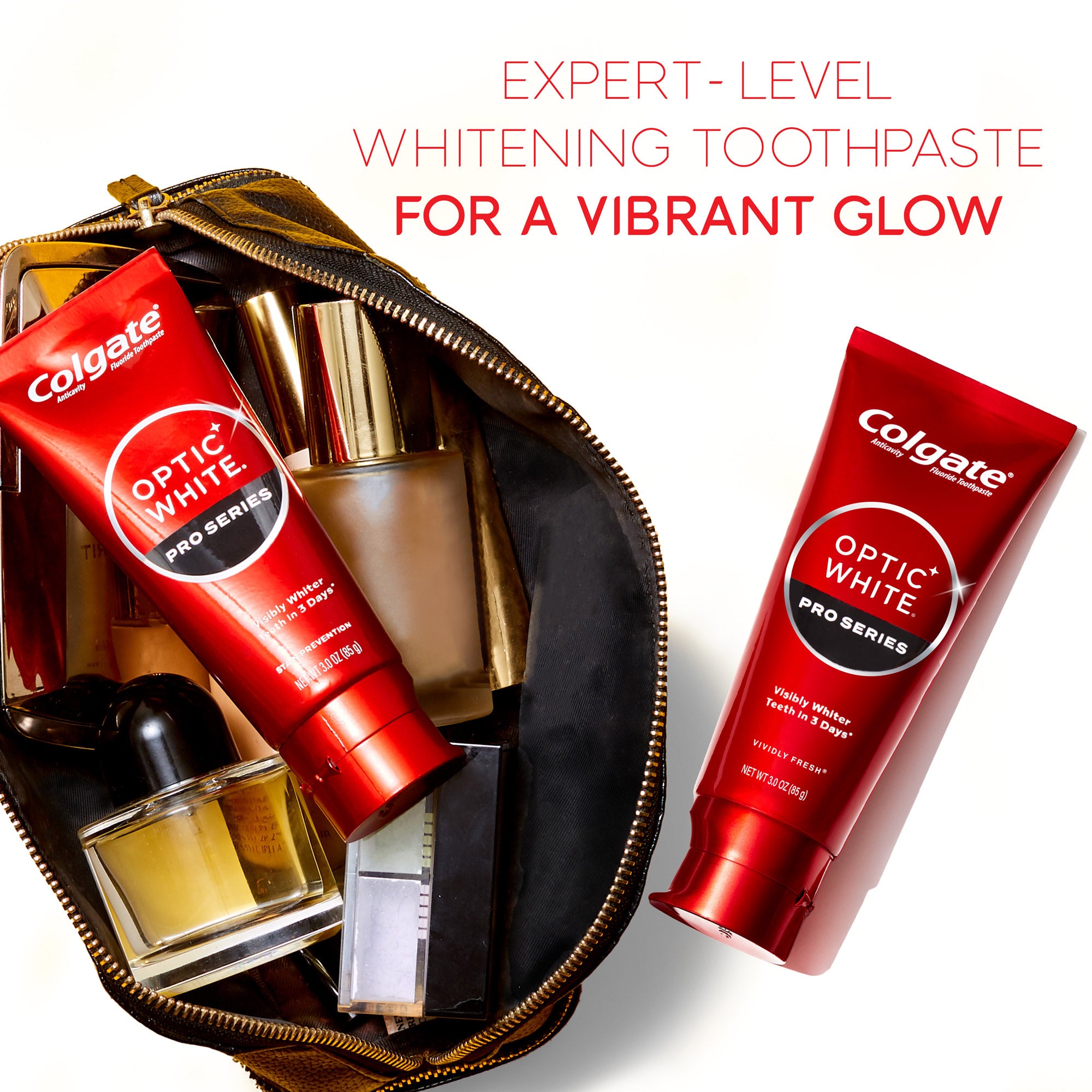 Two tubes of Colgate Optic White Pro Series Stain Prevention Whitening Toothpaste, one of which is in a makeup bag. In text: Expert-level whitening toothpaste for a vibrant glow.
