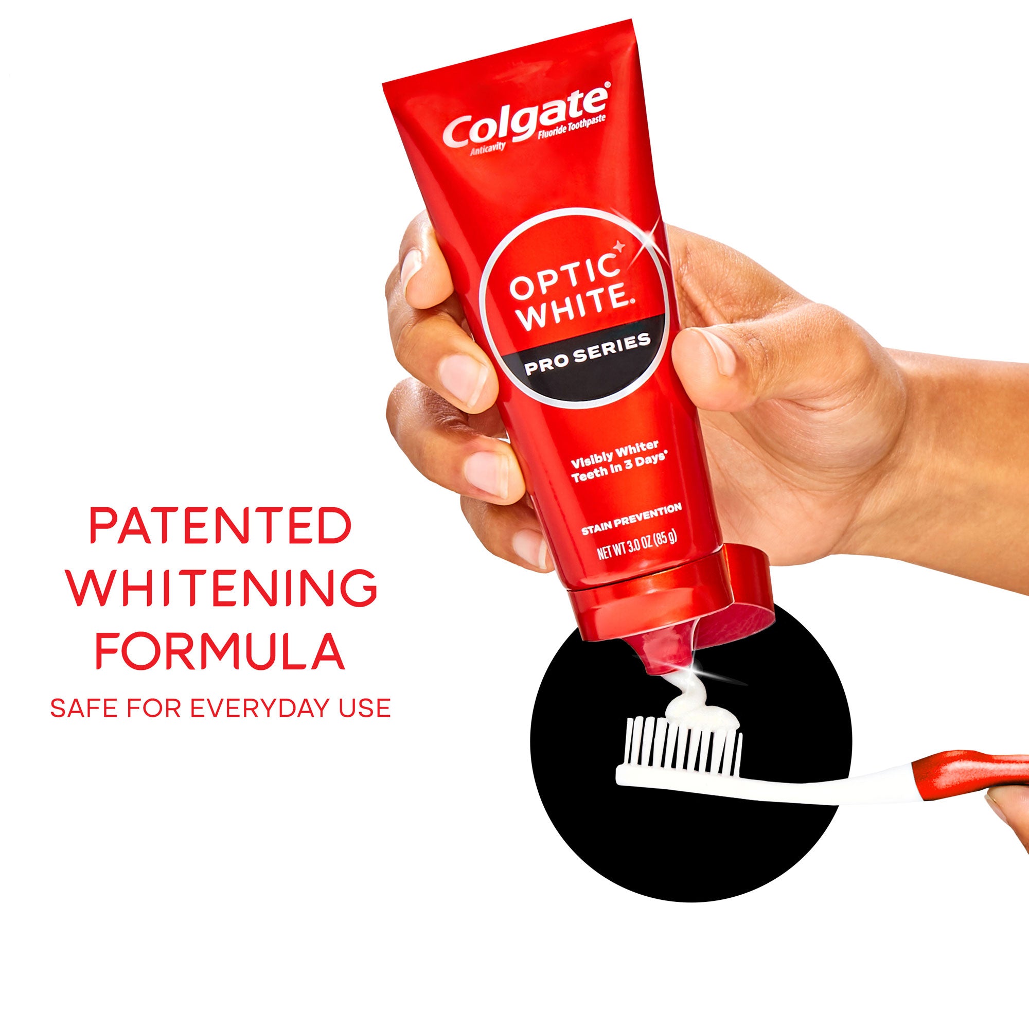 Colgate Optic White Pro Series Stain Prevention Whitening Toothpaste being squeezed onto a toothbrush. In text: Patented whitening formula. Safe for everyday use.