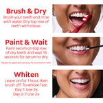 Instructions with images for applying the Colgate Optic White Express Teeth Whitening Pen. First instruction in text: Brush & Dry. Brush your teeth and rinse with water. Dry top row of teeth with tissue.  Second instruction in text: Paint & Wait. Paint serum on top row of dry teeth and wait 15 seconds for serum to dry. Repeat the application process for your bottom teeth. Third instruction in text: Whiten. Leave on for 1 hour, then brush off. To whiten fast, Day 1 use 3x. Day 2-7 use 2x.