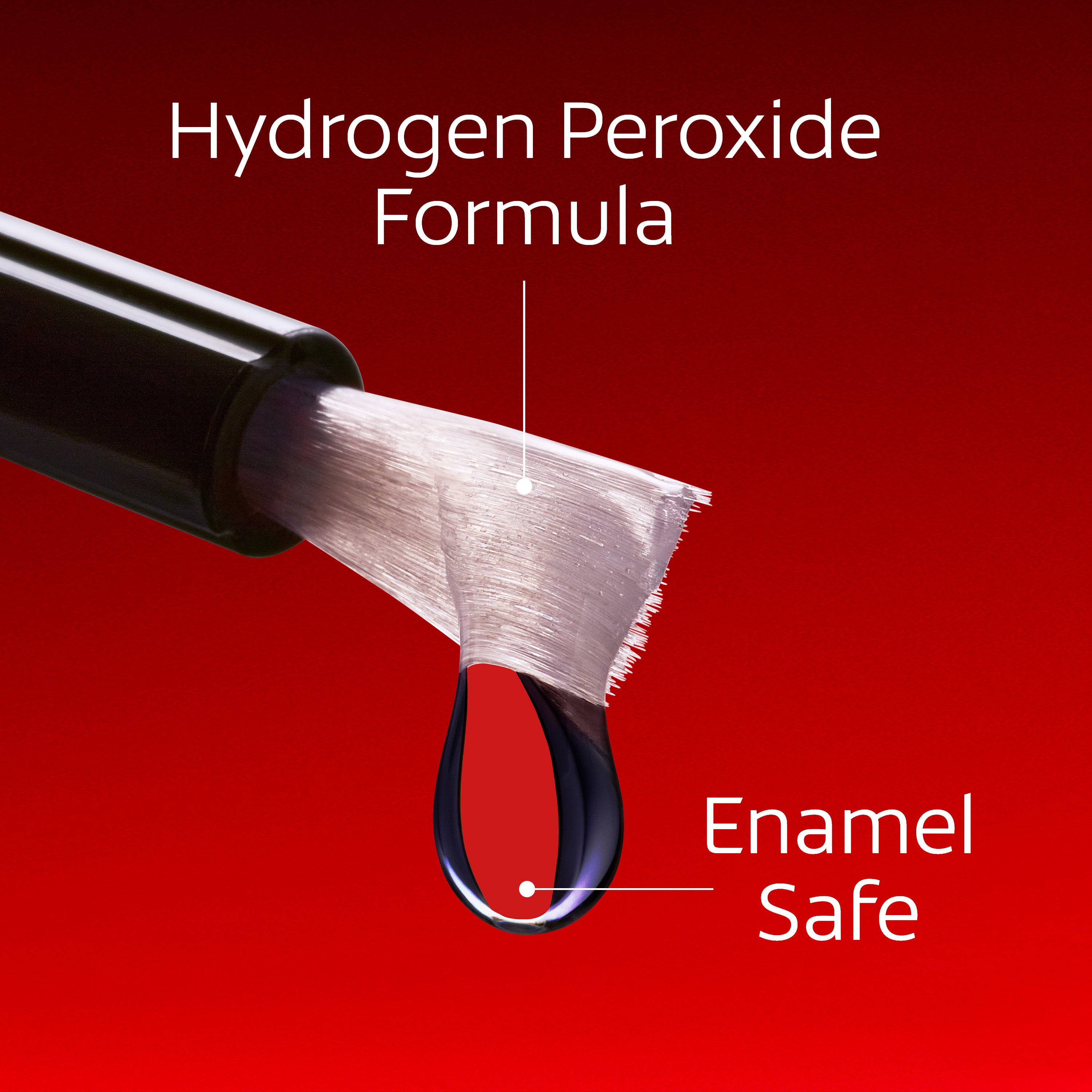 A close-up of the tip of a Colgate Optic White Express Teeth Whitening Pen. In text: Hydrogen peroxide formula. Enamel safe.
