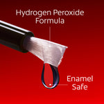 A close-up of the tip of a Colgate Optic White Express Teeth Whitening Pen. In text: Hydrogen peroxide formula. Enamel safe.