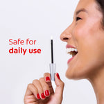 Woman holding a Colgate Optic White Express Teeth Whitening Pen. In text: Safe for daily use.