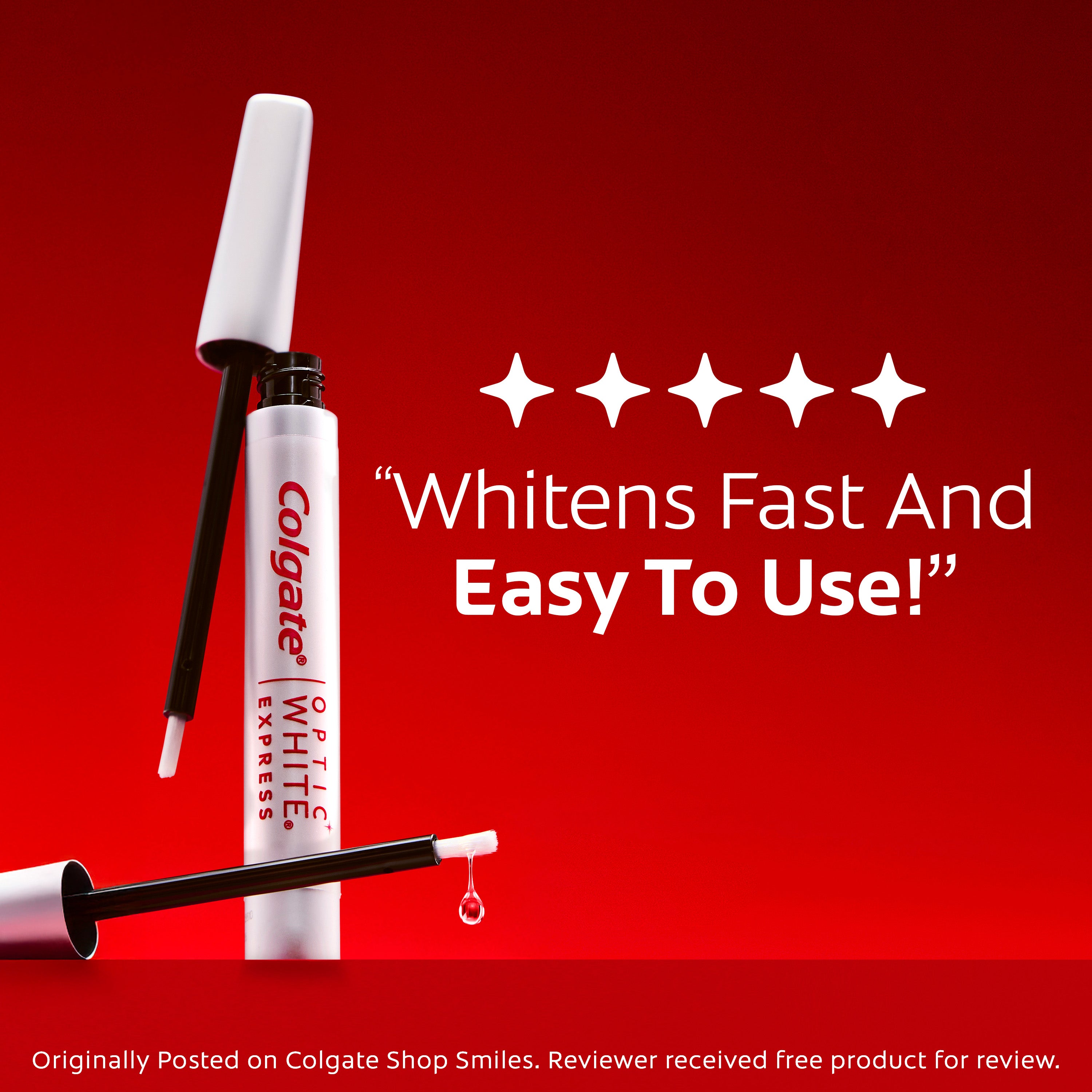 Colgate Optic White Express Teeth Whitening Pen with 4 stars indicating product rating. In text: Whitens fast and easy to use! Originally posted on Colgate Shop Smiles. Reviewer received free product for review.